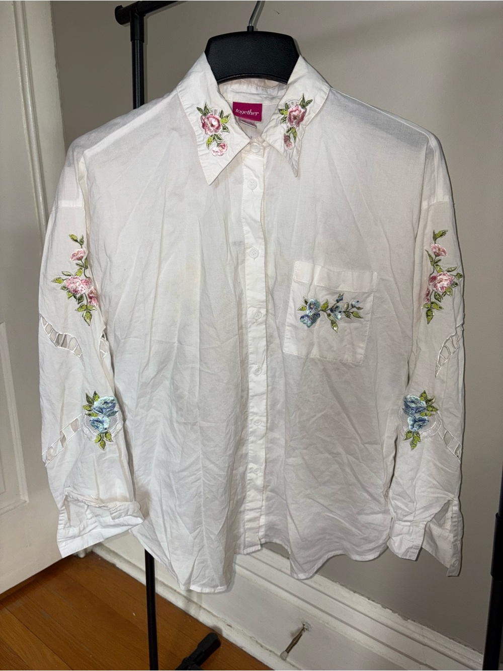 Together White Button-Up Shirt with Pink & Blue Floral Embroidery